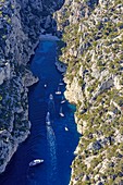 France, Bouches du Rhone, Calanques National Park, Marseille, Calanque d'En Vau (aerial view)