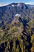 France, Reunion island, Reunion National Park listed as World Heritage by UNESCO, Piton des Neiges and Salazie circle (aerial view)