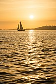 Frankreich, Manche, Saint Jacut de la Mer, Sonnenaufgang auf einem Segelboot mit Ile des Ebihens im Hintergrund