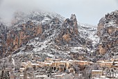 France, Alpes de Haute Provence, regional natural reserve of Verdon, Moustiers Sainte Marie, certified the Most beautiful Villages of France, overview of the village after a snowfall