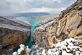 France, Alpes de Haute Provence, regional natural reserve of Verdon, Grand Canyon of Verdon, the Verdon river, the bridge of Galetas and the lake of Sainte Croix seen from the belvedere of the Galetas after a snowfall