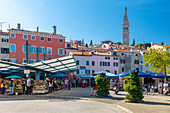 View of Rovinj Market overlooked by Cathedral of St. Euphemia in the Old Town of Rovinj, Croatian Adriatic Sea, Istria, Croatia, Europe