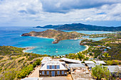 Aerial view by drone of Shirley Heights belvedere with Galleon Beach and English Harbour in background, Antigua, Caribbean, (drone)