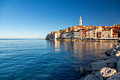 View of harbour and the old town with the Cathedral of St. Euphemia, Rovinj, Istria, Croatia, Adriatic, Europe