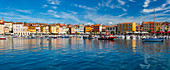 Blick auf Hafen und bunte Gebäude der Altstadt, Rovinj, kroatische Adria, Istrien, Kroatien, Europa