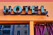 Hotel sign, rusted, logo of Das Hotel Berlin, pub, bar, Kreuzberg, Berlin