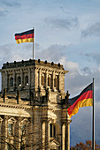 Reichstag, parliament and Bundestag, German national flag, Berlin, Germany