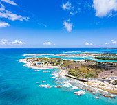 Aerial panoramic by drone of Long Bay, Devil's Bridge and The Verandah resort, Antigua, Antigua and Barbuda, Leeward Islands, West Indies, Caribbean, Central America