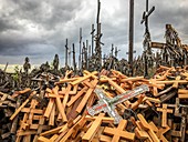 Crosses piled up at shrine at Sanctuary of Our Lady of Sorrows in the Holy Water - the church of Our Lady of Sorrows located Wasilków at ul. Fr.. Rabczy?skiego 2, on the ?wi?ta Woda hill, Poland. 