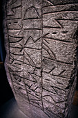 UNESCO World Heritage Site &quot;Archaeological Border Complex Haithabu and Danewerk&quot;, stone with engraved inscription in the Museum Haitthabu, Busdorf, Schleswig-Flensburg district, Schleswig-Holstein, Germany