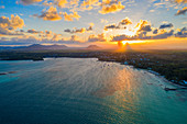 Sunset over Trou d'Eau Douce bay, aerial view, Flacq district, East coast, Mauritius, Indian Ocean, Africa