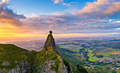 Panoramic of Le Pouce mountain and Pieter Both towards the Indian Ocean sunset, aerial view, Moka Range, Port Louis, Mauritius, Africa