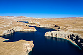 Aerial of the deep blue lakes of the Band-E-Amir National Park, Afghanistan, Asia