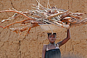 Junges Mädchen, das Brennholz auf ihrem Kopf trägt, Datcha-Attikpaye, Togo, Westafrika, Afrika