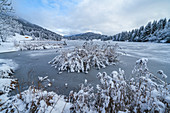 View over the frozen Geroldsee to snow-covered landscape, Krün, Bavaria, Germany.