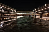 View of St. Mark's Square at night and Acqua Alta, San Marco, Venice, Veneto, Italy, Europe