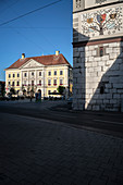 Town hall and Schimmelturm in Lauingen, Dillingen district, Bavaria, Danube, Germany