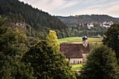 View over Firedhof Church of St Gallus to Muehlheim Castle, Mühlheim an der Donau, Baden-Wuerttemberg, Germany