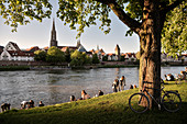 Blick von Neu-Ulm über die Donau hin zum Ulmer Münster und Metzgerturm, Ulm, Schwäbische Alb, Baden-Württemberg, Deutschland