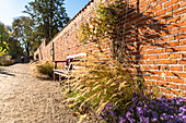 Bench in the kitchen garden, Eutin Castle Garden, Holstein Switzerland Nature Park, Ostholstein, Schleswig-Holstein, Germany