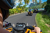 Blick über die Schulter während eines Ausflugs mit Quad Geländefahrzeug, Bora Bora, Leeward Islands, Französisch-Polynesien, Südpazifik