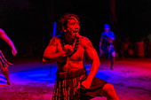 Haka dance performance during the 'Pacifica' show at the Tiki Village cultural center, Moorea, Windward Islands, French Polynesia, South Pacific