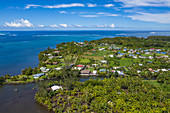 Aerial view of coastline with residential houses, Vaiperetai, Tahiti, Windward Islands, French Polynesia, South Pacific