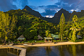 Aerial view of Linareva Beach Resort with trees, lush vegetation and mountains behind, Teniutaoto, Moorea, Windward Islands, French Polynesia, South Pacific