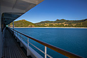 Railings and deck on board the cruise ship MV Reef Endeavor (Captain Cook Cruises Fiji), Naviti Island, Yasawa Group, Fiji Islands, South Pacific