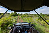 Verschwommene Bewegung beim Blick von einem Safari Fahrzeug betrieben vom Luxusresort Zeltcamp Magashi Camp (Wilderness Safaris), Akagera National Park, Eastern Province, Ruanda, Afrika