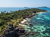 Aerial view of rock formation and beach with coconut palms, Dam Ngang Island, near Phu Quoc Island, Kien Giang, Vietnam, Asia