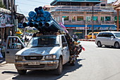 Pipes and chickens are transported on a pickup truck, Kampong Chhnang, Kampong Chhnang, Cambodia, Asia