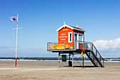 DLRG post on the beach, observation post, lifesaving, beach, sand, North Sea, Langeoog, East Frisia, Lower Saxony, Germany