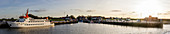 Harbor in the evening light, ferry, boats, fishing trawler, evening light, Neuharlingersiel, East Frisia, Lower Saxony, Germany, panorama