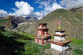 Choerten above the village of Phu, Nepal, Himalaya, Asia.