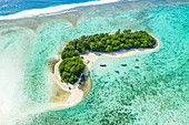 Small island coverd with palm trees, and shallow water of a lagoon, aerial view.
