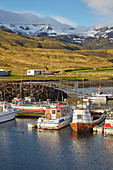 Fishing boats in the harbour at Grundarfjordur, with a mountainous backdrop, on the Snaefellsnes peninsula, west Iceland, Polar Regions