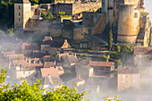 Morning mist, Chateau de Castelnaud, Castelnaud, Dordogne, Aquitaine, France