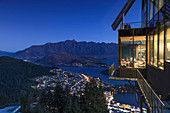 View over Queenstown and Lake Wakatipu from Skyline Queenstown Bar and Restaurant, Otago, South Island, New Zealand, Pacific