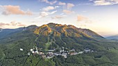 a panoramic aerial view of Cerreto Laghi in summer, a famous tourist destination in the Tuscan-Emilian Apennines National Park, municipality of Ventasso, Reggio Emilia province, Emilia Romagna district, Italy, Europe