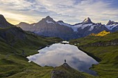 Luftaufnahme eines Mannes steht vor Bachalpsee und Bergen während Sonnenaufgang, Jungfrau Region, Kanton Berna, Oberland, Schweiz, Westeuropa