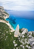 Aerial view of most beautiful beach of Sardinia, Cala Goloritzé, Orosei gulf, Nuoro district, Ogliastra, Sardinia, Italy. 