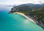 Luftaufnahme des erstaunlichen Strandes von Cala Luna und der Mündung des Flusses Codula di Luna, Golf Orosei, Bezirk Nuoro, Ogliastra, Sardinien, Italien.