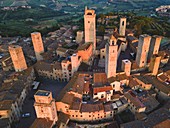 San Gimignano aerial view at dawn, Siena province, Tuscany, Italy, Europe