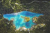 Turquoise water of Caumasee lake andnwoods from above, aerial view, Flims, canton of Graubunden, Switzerland