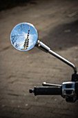 Reflection of the Hamburg TV tower in the motorcycle wing mirror, Hamburg, Germany