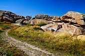 On the Cote de Granit Rose in the foreground, Brittany, France, Europe