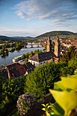 View from Mildenburg to St. Jakobus Church, old town and Main, Miltenberg, Spessart-Mainland, Franconia, Bavaria, Germany, Europe