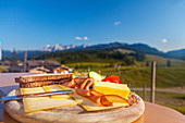 Bavarian snack with a view to enjoy, Winklmoos Alm, Reit im Winkl, Chiemgau, Bavaria, Germany