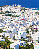 Mykonos Stadt und alter Hafen, erhöhte Ansicht, Mykonos, Kykladen, griechische Inseln, Griechenland, Europa